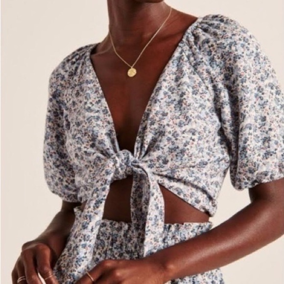 Abercrombie & Fitch Floral Tie Cropped Blouse Linen S - Picture 2 of 9